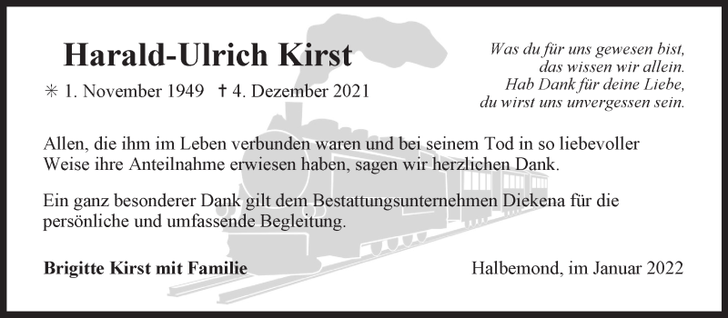 Traueranzeige für Harald-Ulrich Kirst vom 08.01.2022 aus 
