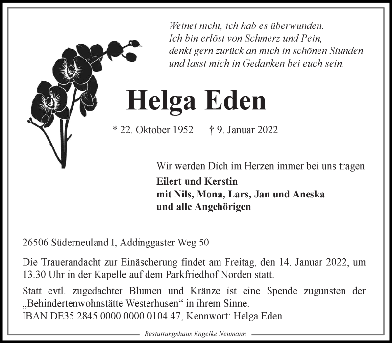  Traueranzeige für Helga Eden vom 11.01.2022 aus 