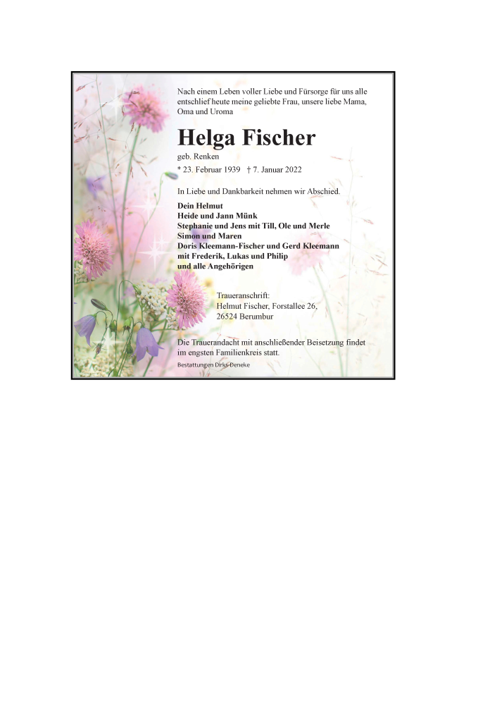  Traueranzeige für Helga Fischer vom 10.01.2022 aus 