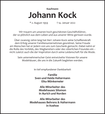 Traueranzeige von Johann Kock 