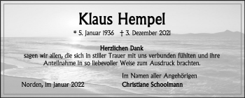 Traueranzeige von Klaus Hempel 