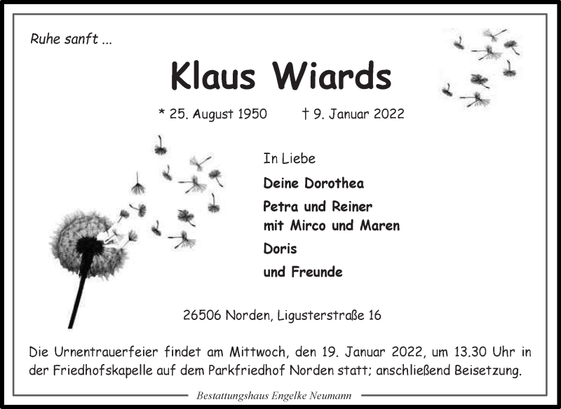  Traueranzeige für Klaus Wiards vom 11.01.2022 aus 