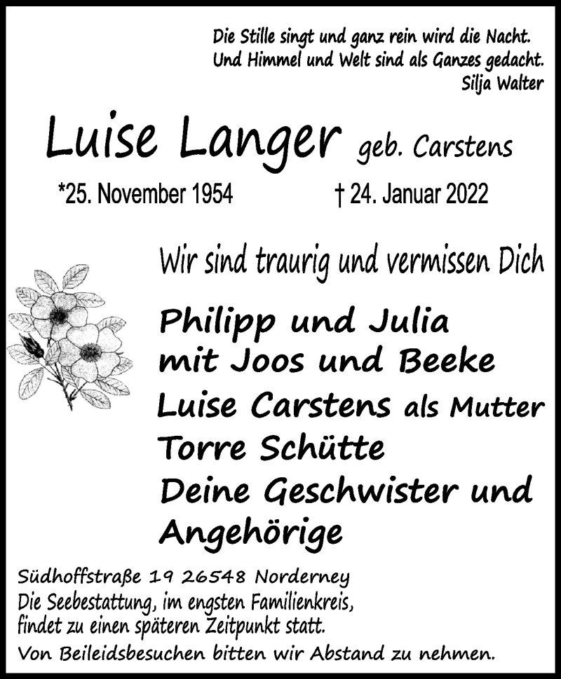  Traueranzeige für Luise Langer vom 29.01.2022 aus 