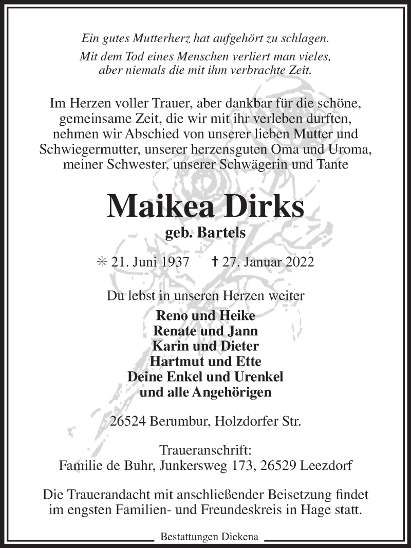  Traueranzeige für Maikea Dirks vom 29.01.2022 aus 