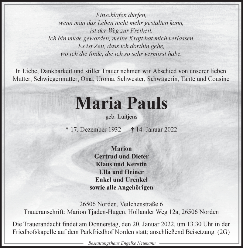  Traueranzeige für Maria Pauls vom 17.01.2022 aus 