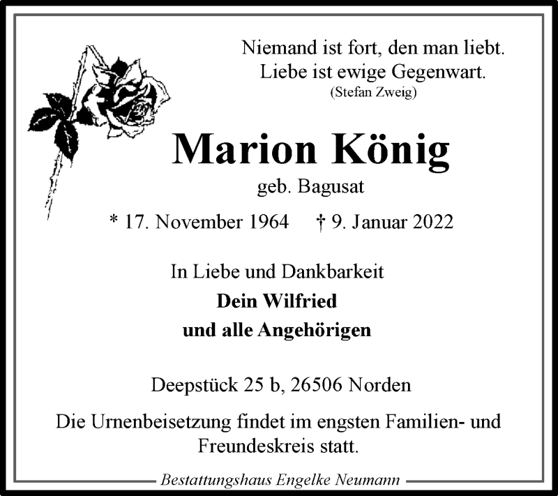  Traueranzeige für Marion König vom 11.01.2022 aus 