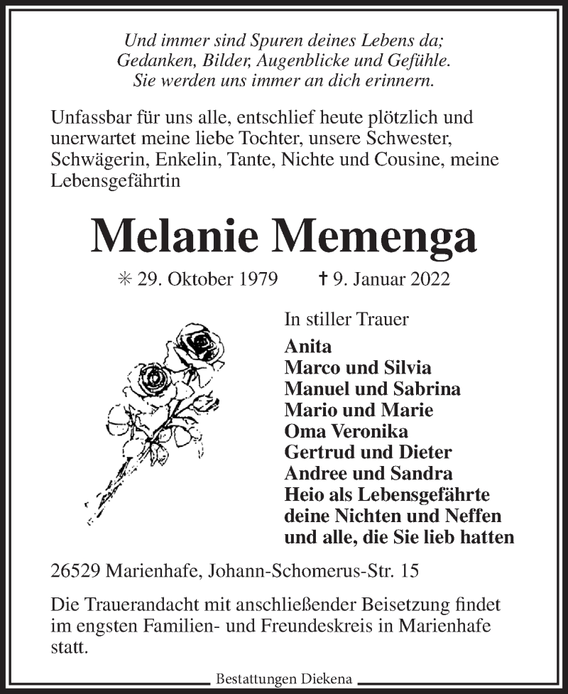  Traueranzeige für Melanie Memenga vom 12.01.2022 aus 