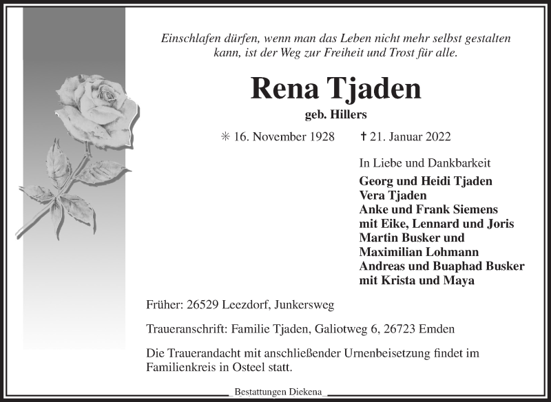  Traueranzeige für Rena Tjaden vom 25.01.2022 aus 