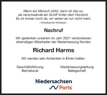 Traueranzeige von Richard Harms 