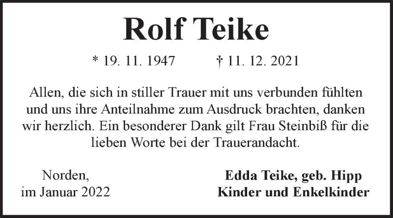 Traueranzeige für Rolf Teike vom 22.01.2022 aus 