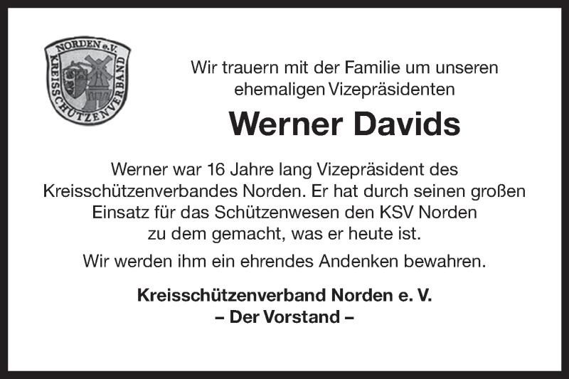  Traueranzeige für Werner Davids vom 08.01.2022 aus 