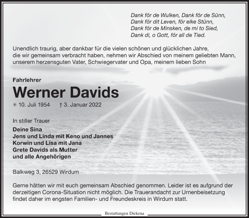  Traueranzeige für Werner Davids vom 05.01.2022 aus 