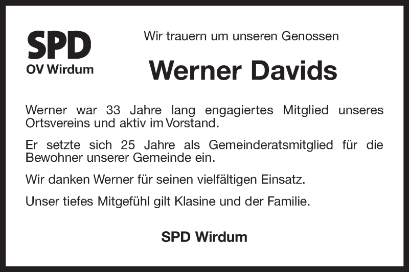  Traueranzeige für Werner Davids vom 06.01.2022 aus 