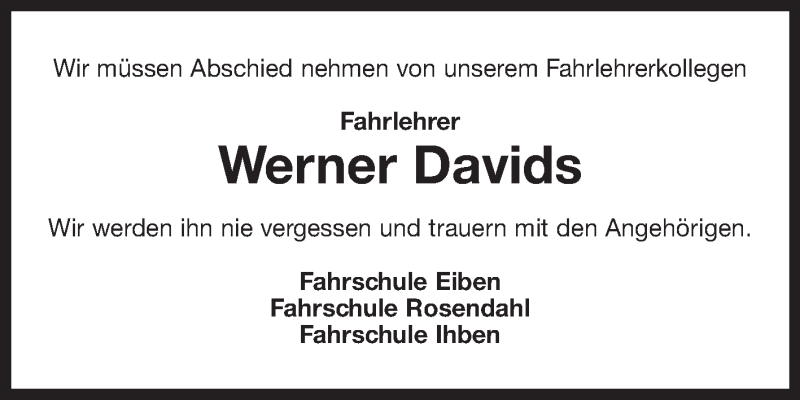  Traueranzeige für Werner Davids vom 07.01.2022 aus 
