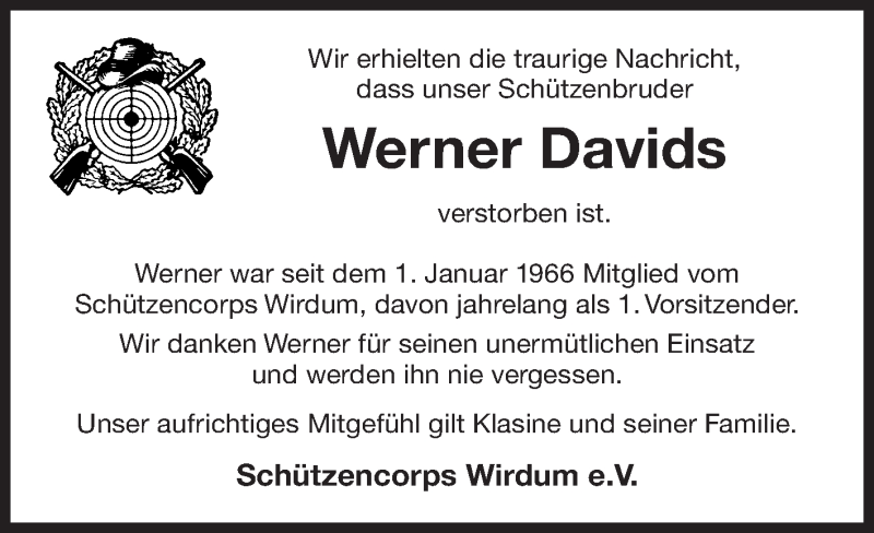  Traueranzeige für Werner Davids vom 08.01.2022 aus 