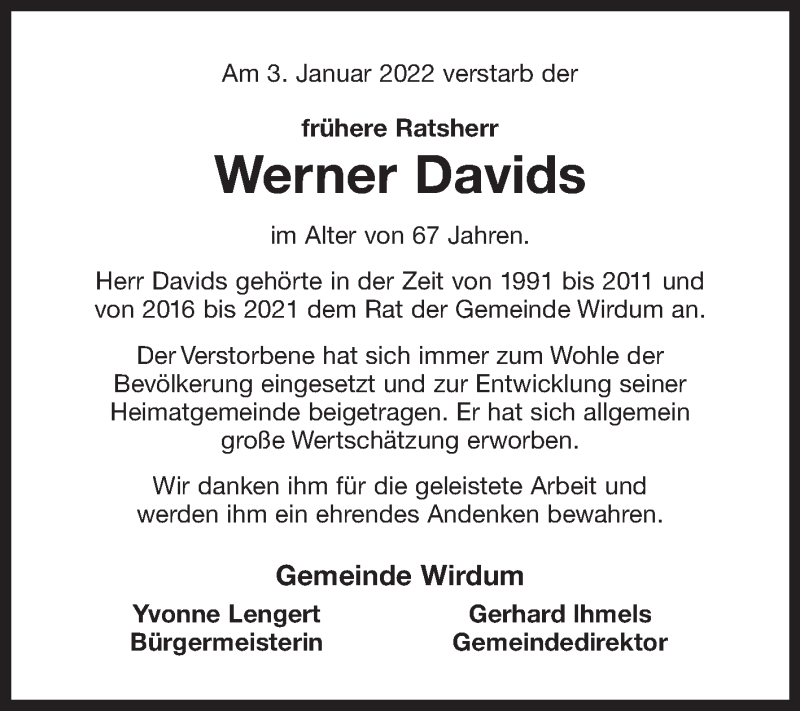  Traueranzeige für Werner Davids vom 06.01.2022 aus 