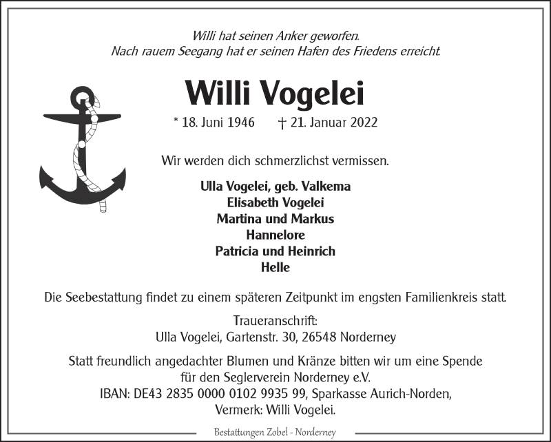  Traueranzeige für Willi Vogelei vom 26.01.2022 aus 