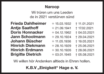 Traueranzeige von Wi trüren um uns Leeden  