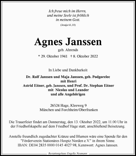 Traueranzeige von Agnes Janssen 