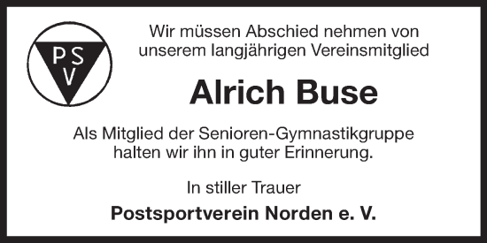 Traueranzeige von Alrich Buse 