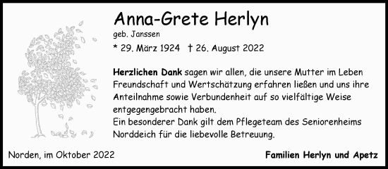 Traueranzeige von Anna-Grete Herlyn 