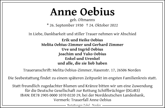 Traueranzeige von Anne Oebius 