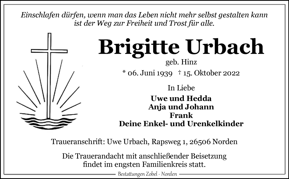  Traueranzeige für Brigitte Urbach vom 19.10.2022 aus 