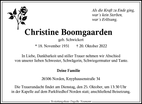 Traueranzeige von Christine Boomgaarden 