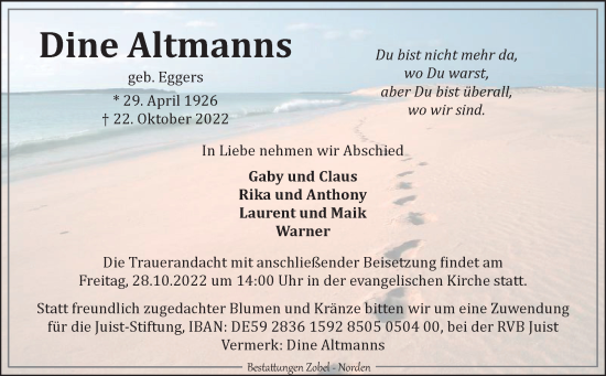 Traueranzeige von Dine Altmanns 