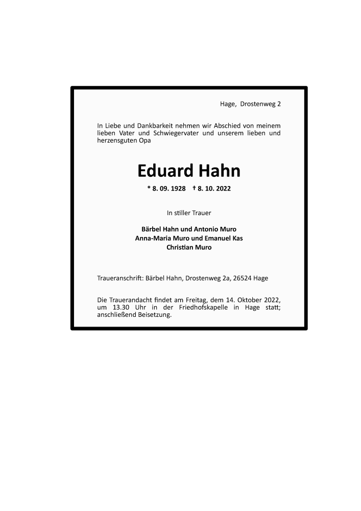 Traueranzeige für Eduard Hahn vom 10.10.2022 aus 