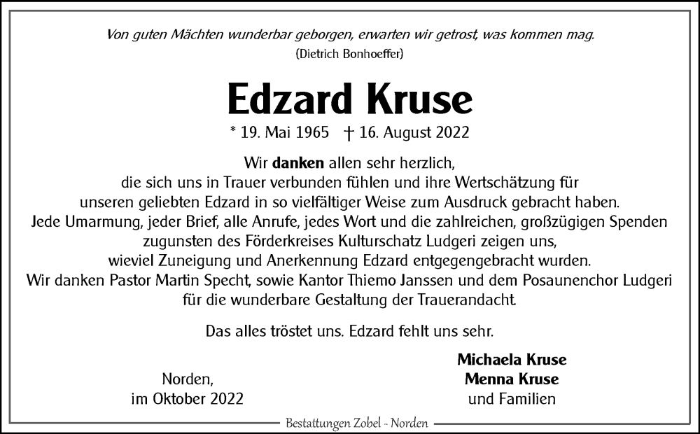  Traueranzeige für Edzard Kruse vom 01.10.2022 aus 