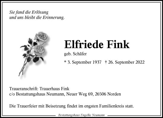 Traueranzeige von Elfriede Fink 
