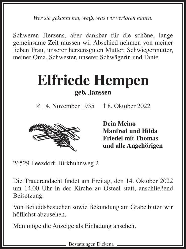  Traueranzeige für Elfriede Hempen vom 11.10.2022 aus 