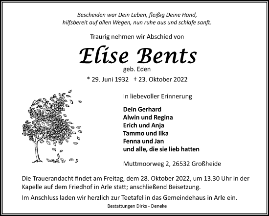 Traueranzeige von Elise Bents 