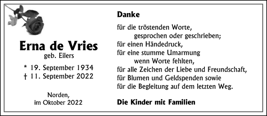 Traueranzeige von Erna de Vries 