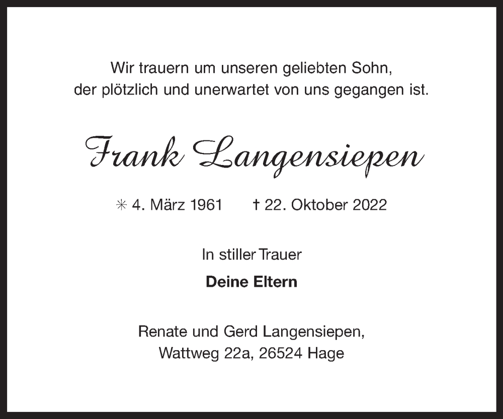  Traueranzeige für Frank Langensiepen vom 26.10.2022 aus 