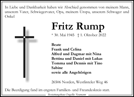 Traueranzeige von Fritz Rump 