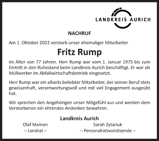 Traueranzeige von Fritz Rump 