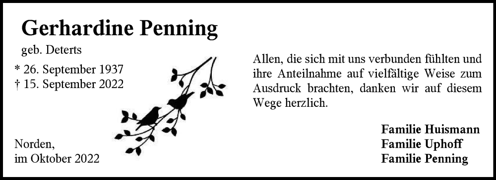  Traueranzeige für Gerhardine Penning vom 15.10.2022 aus 