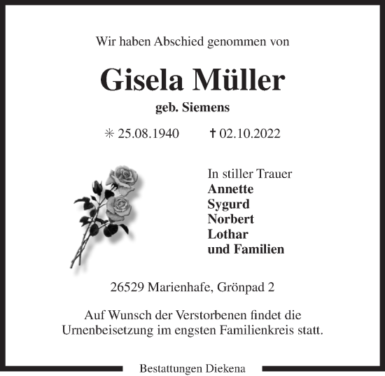 Traueranzeige von Gisela Müller 