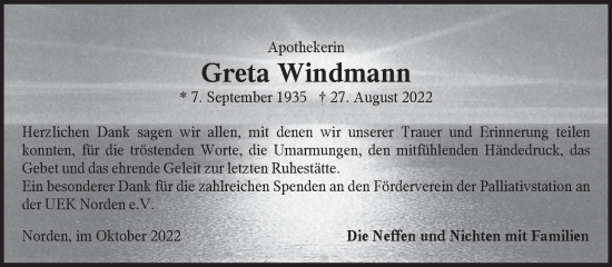 Traueranzeige von Greta Windmann 