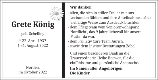 Traueranzeige von Grete König 