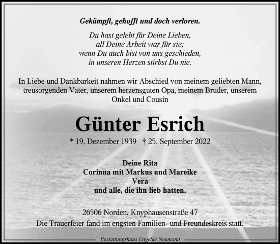 Traueranzeige von Günter Esrich 