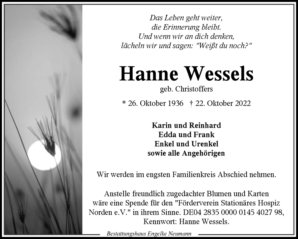  Traueranzeige für Hanne Wessels vom 29.10.2022 aus 