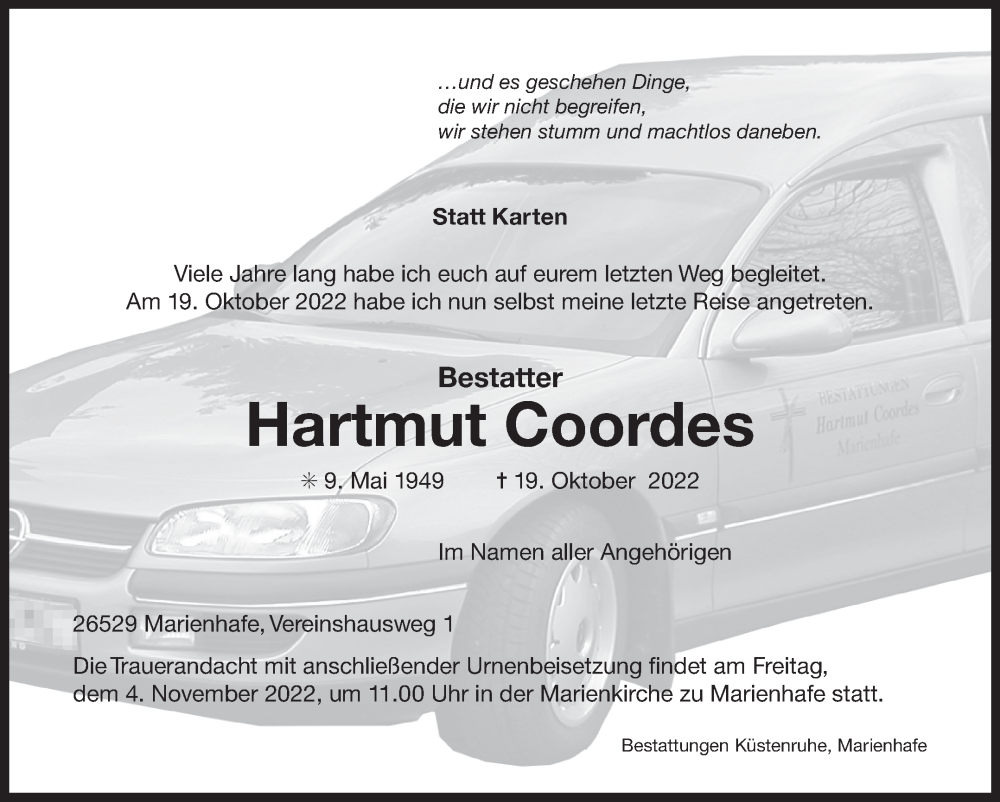  Traueranzeige für Hartmut Coordes vom 29.10.2022 aus 