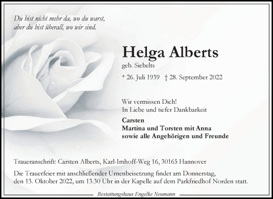 Traueranzeige von Helga Alberts 