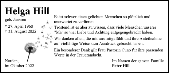Traueranzeige von Helga Hill 