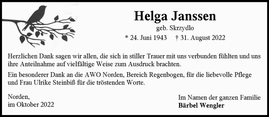 Traueranzeige von Helga Janssen 