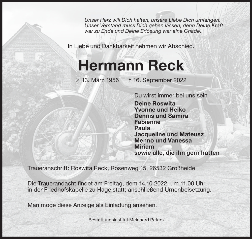  Traueranzeige für Hermann Reck vom 08.10.2022 aus 