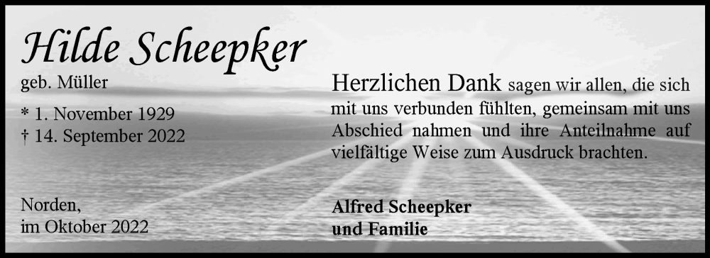  Traueranzeige für Hilde Scheepker vom 15.10.2022 aus 